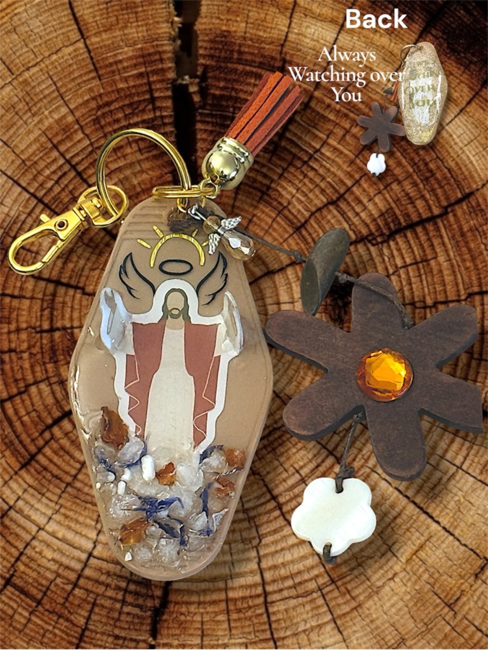 Keychain, Jesus Rising, Angel Resin, Gold Hardware & Tassel, Stones, 3D Resin